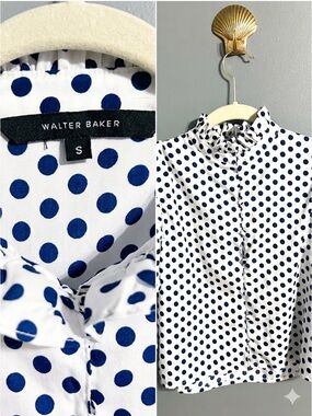 Walter Baker White Navy Polka Dot Ruffle Blouse S